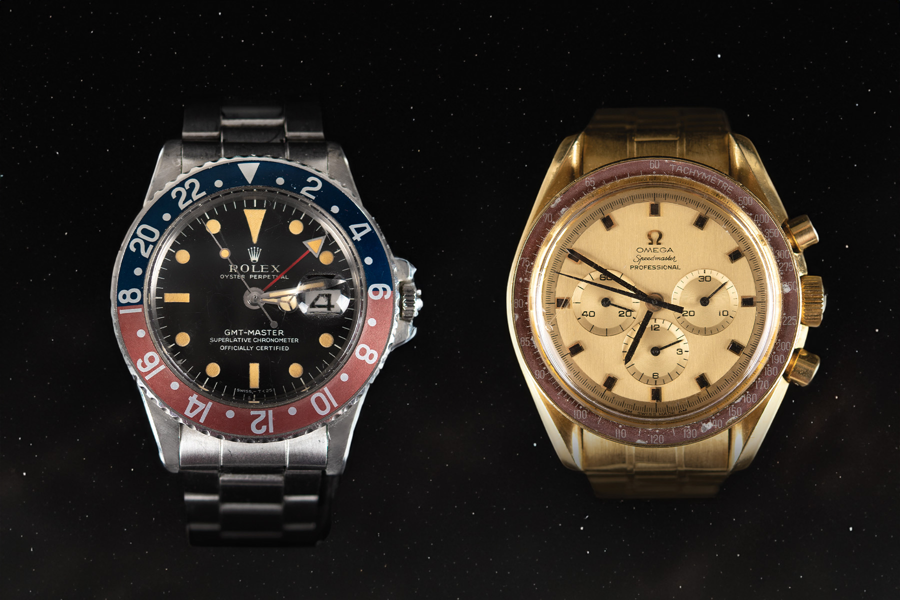 Ceasuri spațiale Rolex GMT-Master 1675 al lui Edgar Mitchell și Omega Speedmaster Apollo 11 al lui Dave Scott